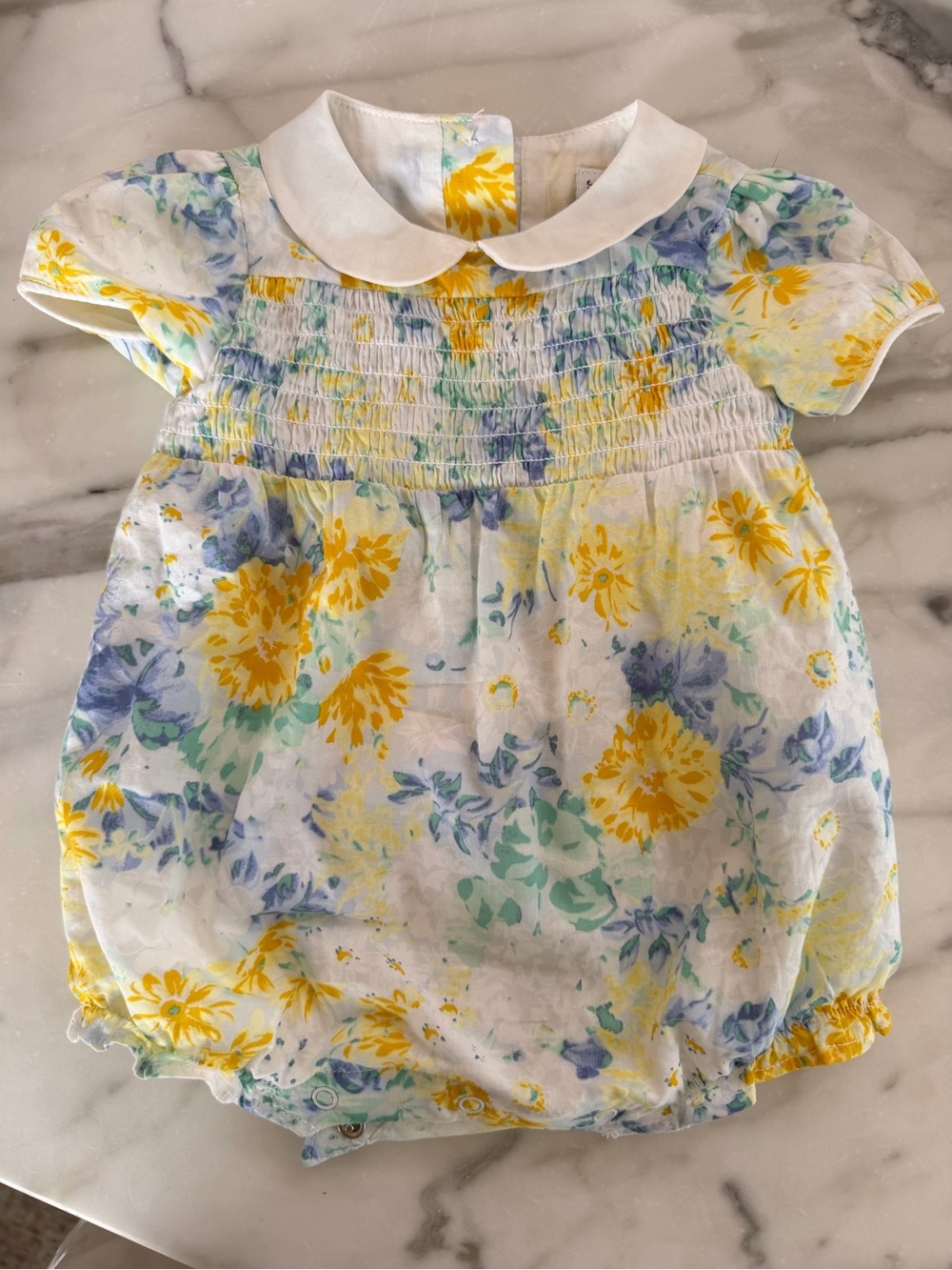 Janie and Jack Yellow & Blue Floral Bubble Romper with White Collar